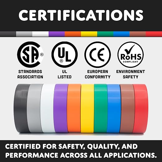 TradeGear Electrical Tape (10PK) Assorted Matte Rainbow Colors – Waterproof, Flame-Retardant, Rubber Based Adhesive, UL Listed – Rated for Max. 600V and 80oC Use –Measures 60’ x 3/4" x 0.07"
