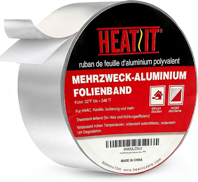 HEATIT Aluminum Foil Tape Professional Grade 2 inch x 30 feet (10yard Length) Thick 5.3mil (2.4mil foil and 2.9mil Backing Paper) for HVAC, Ducts, Pipes, Metal Repair, Heating Cable Application etc