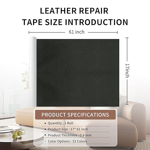 Leather Repair Patch Tape, Gloss Black 17 x 61 Inches Self Adhesive Leather Repair Kit for Furniture, Car Seat,Vinyl Leather Repair Kit for Office Chairs, Bags, Luggage