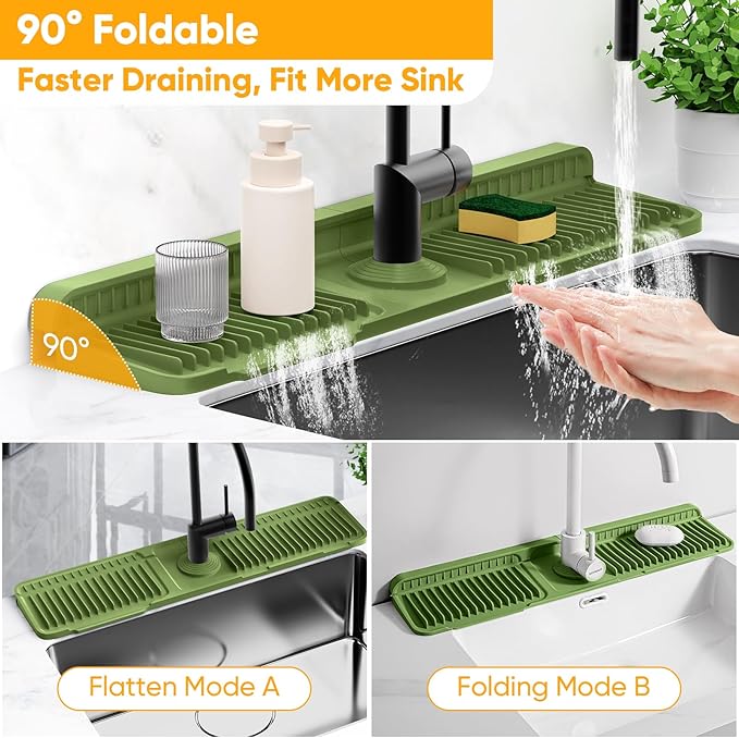 24'' Longer Faucet Mat for Kitchen Sink Splash Guard[7° Slope Fast Self-draining][Snap Lock Fit] Kitchen Sink Faucet Mat Splash Guard Kitchen Sink Area Water Splash Guard Behind Faucet Draining Mat