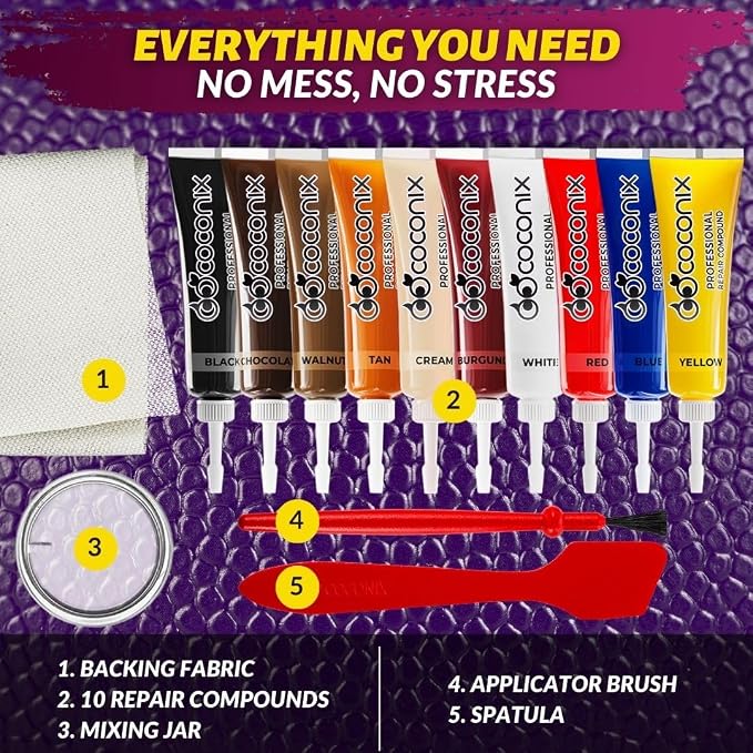 Coconix Leather & Vinyl Repair Kit | Fix Tears, Holes, Scratches, and Peeling on Leather and Vinyl Furniture, Car Seats, and Jackets | Easy Application with Customizable Colors