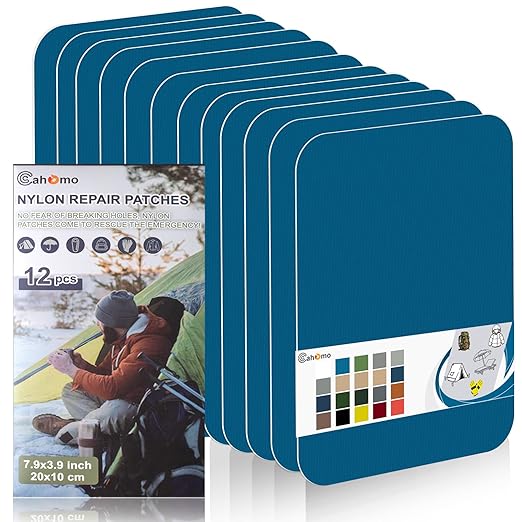 Cahomo 7.9x3.9 inch 12 PCS Nylon Repair Patch Nylon Repair Tape Self Adhesive Fabric Tapes Outdoor Camping Gear Fabric kit for Tent, Umbrella, Down Jackets, Sleeping Bag, Knapsack（Navy Blue）