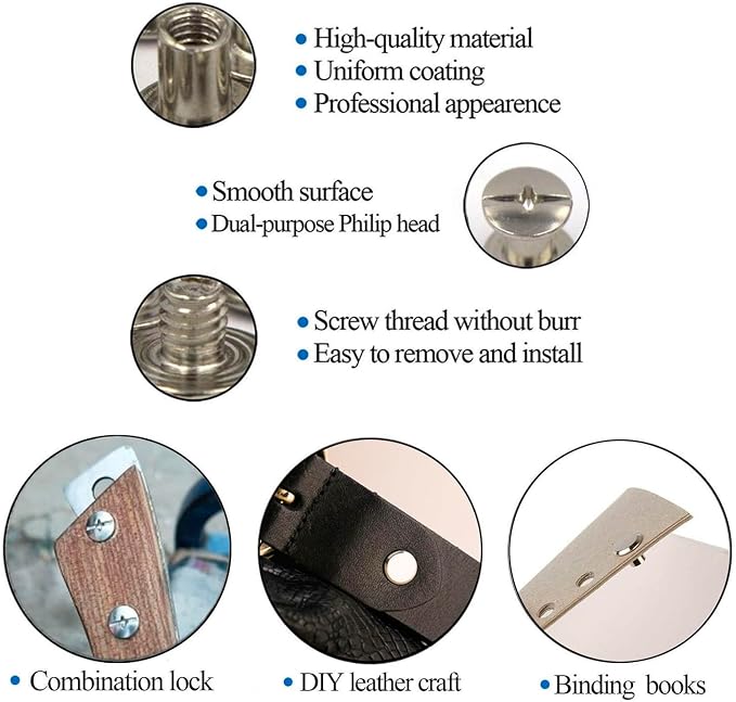 Ironking 100Sets M5 Chicago Screws Leather Rivets Assorted Metal Fasteners Buttons Screw Rivets， for Leather Craft Decorate and Repair Belts Bags Shoes Purse (SilverM5*4,5,6,7,8,10)