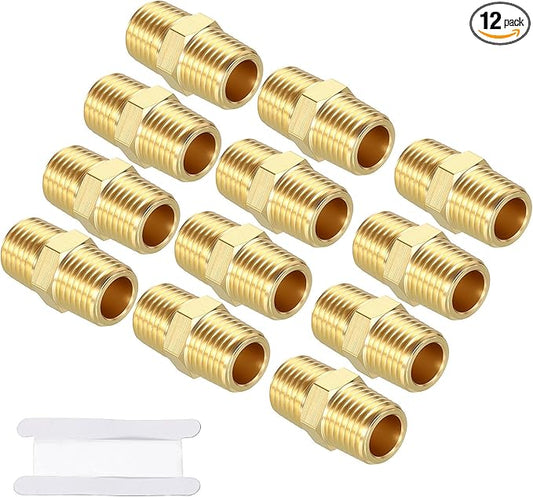 Pack of 12, 1/4" MNPT to 1/4" MNPT Solid Brass Hex Nipple Hose Connector W/Sealing Tape, Male Pipe Adapters for Pipe Leak Repair, Bathroom Remodeling, Tool Extensions, Compression