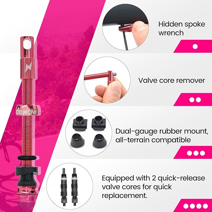 RideNow Tubeless Presta Valve Stems, 65mm Super Light Alloy Presta Tubeless Valve Stem Kit with Valve Core Remover Tool and Valve Stem Caps, Multiple Color and Size Options(Pair), Pink