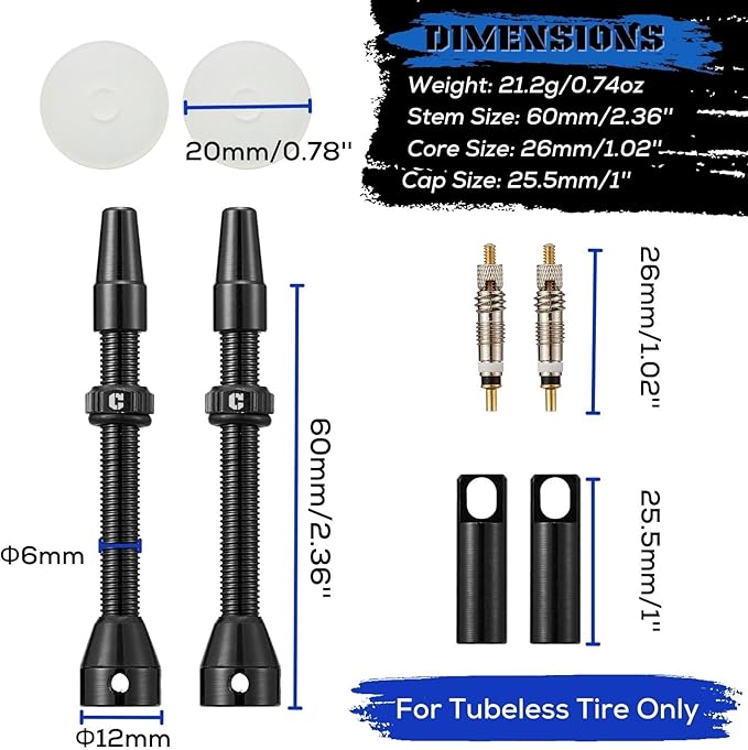 Corki Cycles Tubeless Presta Valve Stem 40 44 55 60 80 100mm with 2PCS Valve Core and 2PCS Remover Tool (Black Red Gold Rainbow)