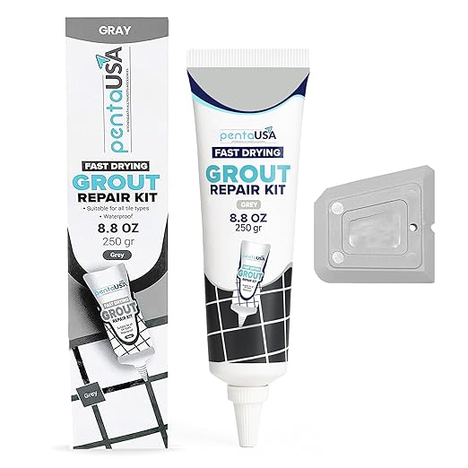 PentaUSA Tile Grout Repair Kit - Premixed Acrylic Sanded Grout for Bathroom, Shower & Kitchen, Water-Resistant Tube with Applicator, Fills Cracks and Gaps in Lines - Gray (8.8oz/250gr)