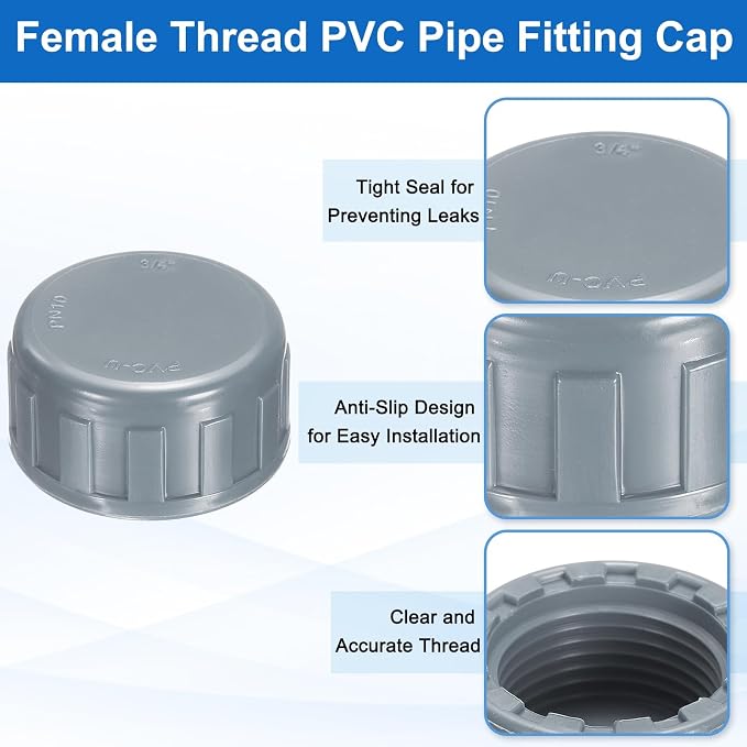 uxcell 12Pcs 3/4 Inch PT Female Thread PVC Pipe Fitting Cap, Cleanout Water Drain End Caps, Pipe Plug Socket Fittings with Tape for Water Heater Supply Lines, Plumbing, Gray