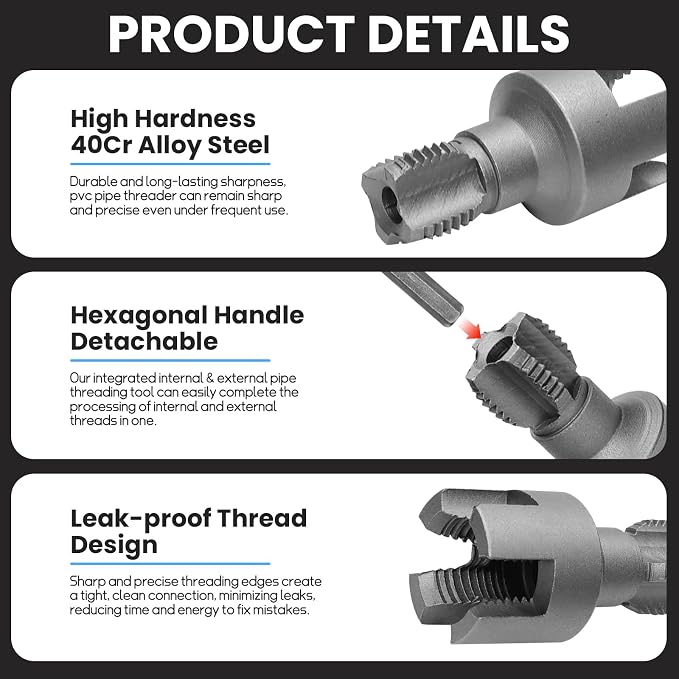 PVC Pipe Threader Kit, 1/2" and 3/4" Internal External Threading Tool with Seal Tape, Electric Drill Compatible for Plastic Pipe Plumbing Repair and Maintenance