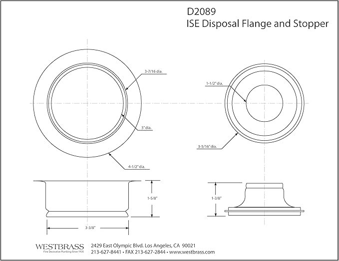 Westbrass D2089-20 4-1/4" Kitchen Sink Waste Disposal Drain Flange and Stopper, Stainless Steel