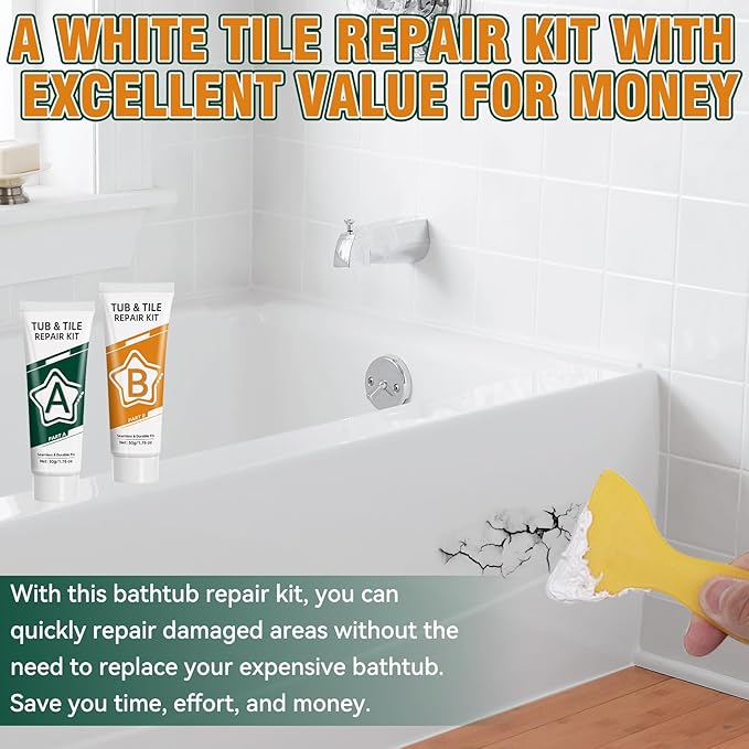 Porcelain Repair Kit White, Waterproof Bathtub & Tile Repair Kit for Tub, Enamel, Fiberglass, Acrylic, Porcelain, Ceramic, Marble, Granite, Resin, Quartz, Chips, Dents, Cracks, Patch, Hole (50g+50g)
