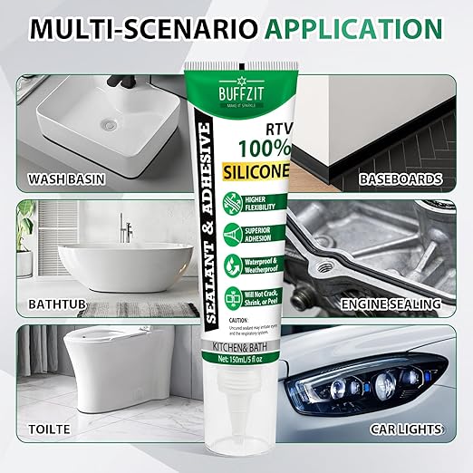 Silicone Sealant Adhesive Silicone Caulk, No Caulking Gun Needed, 100% Waterproof Flexible Sealant, Strong Bond, Shrink & Crack Resistant for Automotive, Kitchen, Bathroom & Windows, 5 Oz Black