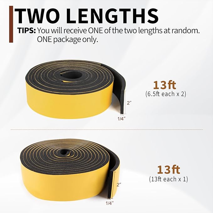 Yotache High Density Adhesive Foam Seal Tape 2" W X 1/4" T, (New Adhesive Craft) Weather Strip Insulation for RV, Air Conditioning Window, Garage Door, Total 13 Ft Length