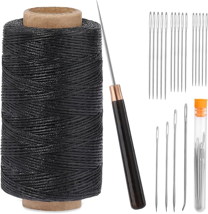 TLKKUE Upholstery Repair Sewing Thread Kit, 273 Yards Waxed Thread Needle Straight Awl, Heavy Duty Wax String Sewing Kit for Upholstery Repair Leather Crafting DIY Stitching (Black)