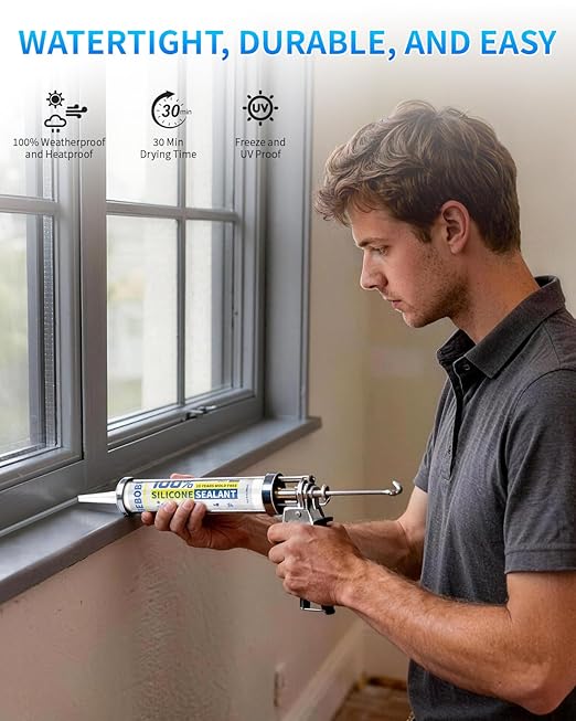 Silicone Caulk & Sealant Gray, 100% Waterproof Silicone Sealant, Shrink & Crack Proof, Silicone Caulking for Kitchen, Bathroom, RV, Interior & Exterior Use, 10.2 FL. OZ/300ML, 4 Pack
