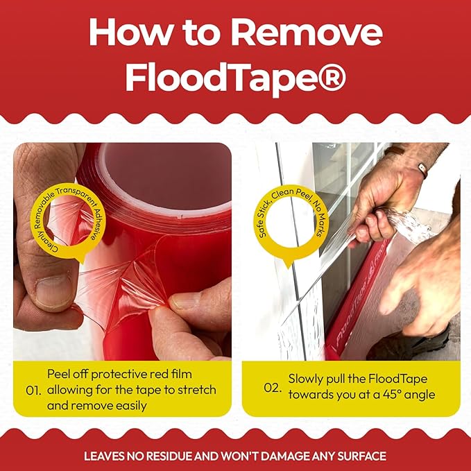 FloodTape® Waterproof Adhesive Tape – 8 inches Extra Wide x 20 feet Long Roll - Temporary Flood and Snow/Ice Water Barrier for Doors & Windows – Double-Sided, No Residue, No Damage, Easy Installation