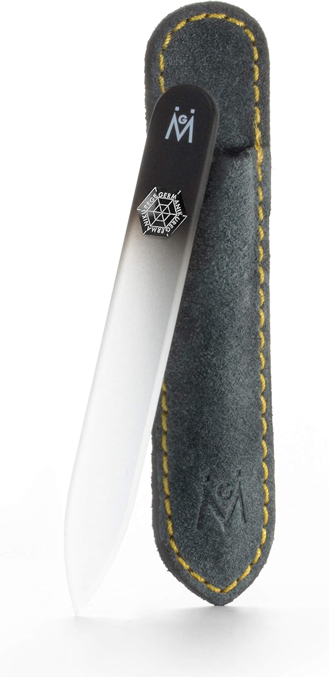 GERMANIKURE Czech Crystal Black Glass Nail File in Suede Leather Case - Small Travel Design - Professional Manicure & Pedicure Products for Smooth Easy Shaping of Natural Nails