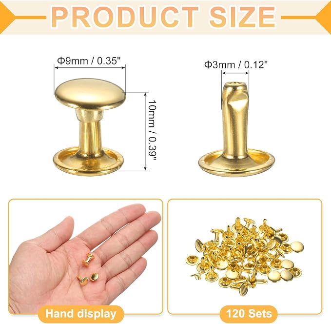 uxcell 120Set Leather Rivets, 9mm Double Cap Rivet Tubular Metal Studs Repairs Decoration Craft Accessories for Repair Decorate Leather Craft Belt Bag Shoes Purse Belts, Gold