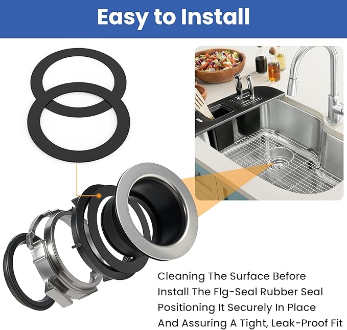 2 Pcs Kitchen Sink Drain Garbage Disposal Gasket, Putty-Free Rubber Seal Accessory for Kitchen Sink's Drain Flange (Black)