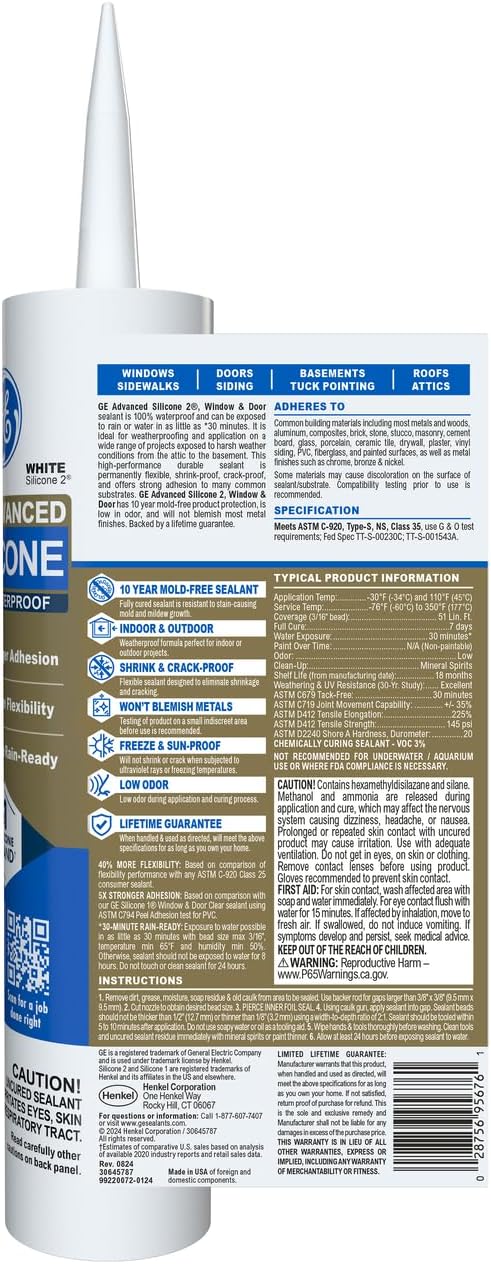 GE Advanced Silicone Caulk for Window & Door, White, 10 fl oz Cartridge, 1 Pack - 100% Waterproof Silicone Sealant, 5X Stronger Adhesion, Shrink & Crack Proof