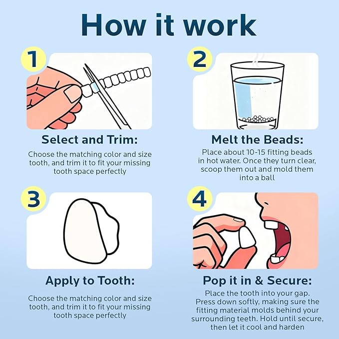 Temporary Tooth Repair Kit: Moldable Thermal Beads Replacement Kit Replace Missing or Broken Tooth Filling The Gap - Come with 3 Shades 10 Size