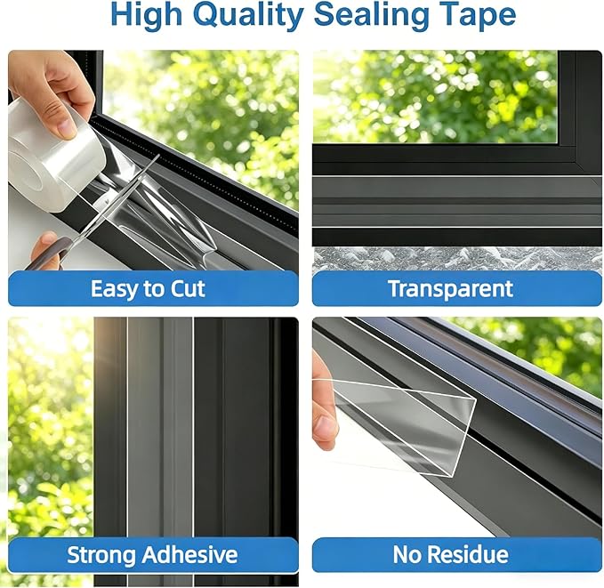 Litaibai Heavy Duty Transparent Window Sealing Tape, 2" x 33ft 20 Mil Air Conditioner Window Seal, No Residue Summer Insulation, Blocks Pollen & Dust, Prevents Cold Air Leakage, Door & Window Seal Kit