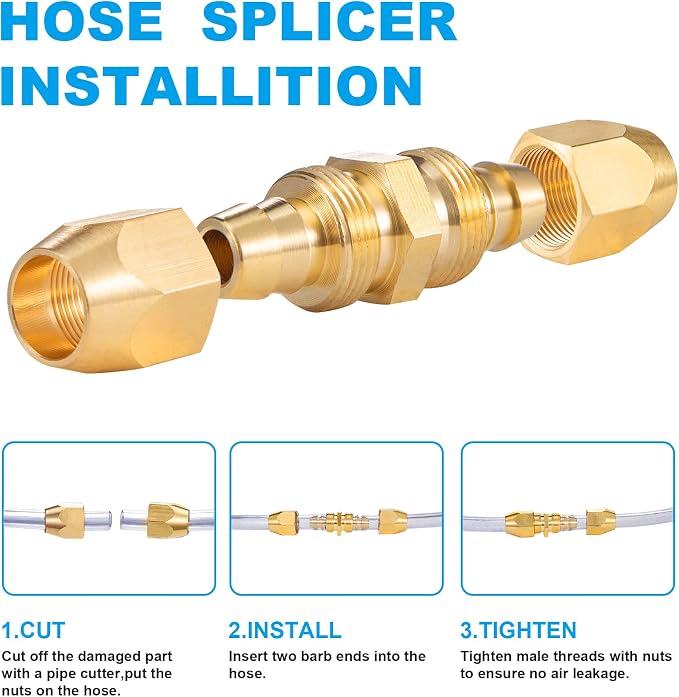 2PCS Soild Brass Air Reusable Hose Splicer For 1/4-Inch ID Hose,1/4" Air Hose Repair Fitting