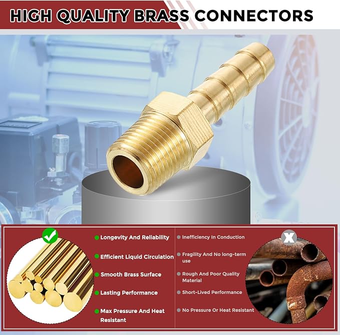 Pack of 3 Brass Hose Barbed Fittings Adapter Connector 1/4" Hose Barb to 1/8" NPT Male Fittings for Home Machines, Massage Bathtubs, and Irrigation Systems