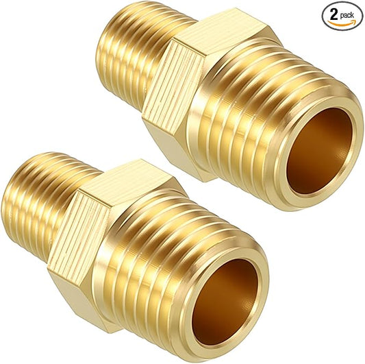 Pack of 2, 1/4" MNPT to 1/8" MNPT Solid Brass Hex Nipple Hose Connectors, Male Pipe Adapter for Pipe Leak Repair, Bathroom Remodeling, Tool Extensions, Compression