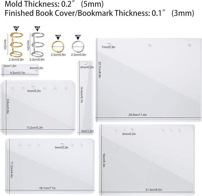 NiArt A4 Large Notebook Cover Epoxy Resin Silicone Molds A4,A5,A6,A7 Bookmark 40PCS Loose Leaf Binder Rings Kit DIY Casting Tool Handmade Agate Art Craft Soft Shiny Glossy Finish Easy Unmold Journal