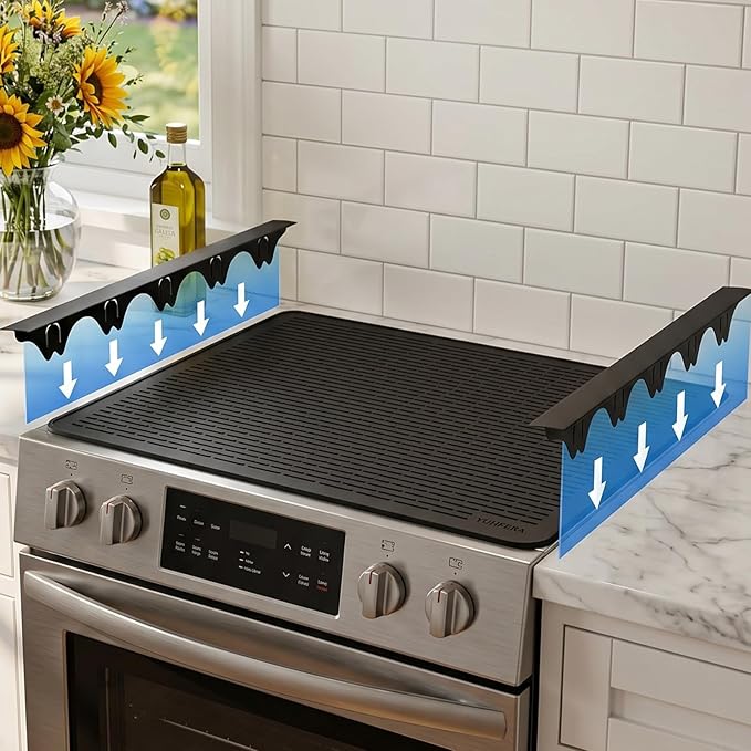 Silicone Stove Gap Covers with Stainless Steel, Oven Gap Filler Seals Gaps Between Stovetop and Counter, Stove Gap Guards Range Trim Kit, Easy to Clean Stove Gap Guard (Black 2 Pack,25"with mat)