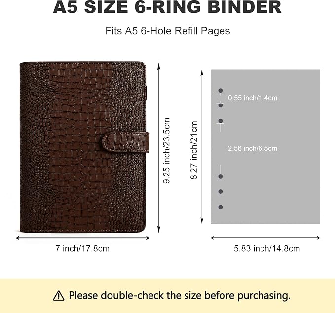 Convend A5/A6 Refillable 6 Ring Binder Cover, Crocodile-Embossed PU Leather with Magnetic Closure, Premium Look and Feel, Compatible with Standard Planner Inserts,(Brown)