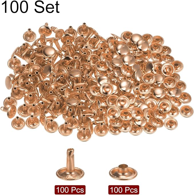 HARFINGTON 100 Sets Leather Rivets 10 x 10mm Metal Double Cap Rivet Snaps Studs Fasteners with 3pcs Setting Tools for Leather Craft DIY Repair Decoration, Light Gold Tone