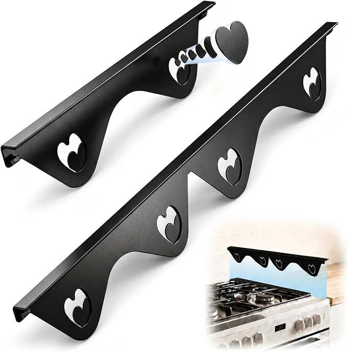 Stainless Steel Stove Gap Covers, 2 Pack Extendable Stove Gap Filler 13.8"-27.5", 0.79" Wide, Deep-Lock Heart Clips, Heat Resistant Range Trim Kit for Kitchen Counter Gaps, Black