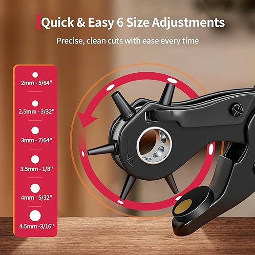 Revolving Punch Plier Kit, XOOL Leather Hole Punch Set for Belts, Watch Bands, Straps, Dog Collars, Saddles, Shoes, Fabric, DIY Home or Craft Projects, Heavy Duty Rotary Puncher, Multi Hole Sizes Make