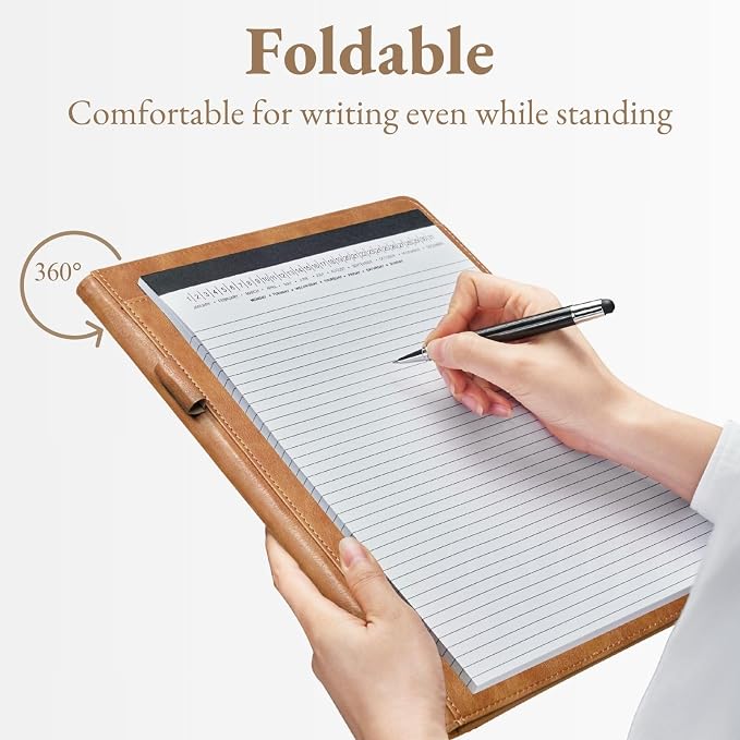Mymazn Padfolio Portfolio Folder, Faux Leather Interview Resume Folder with Document Organizer & Business Card Holder, Letter-Sized Notepad Legal Pad Holder for Men Women (Light Brown)