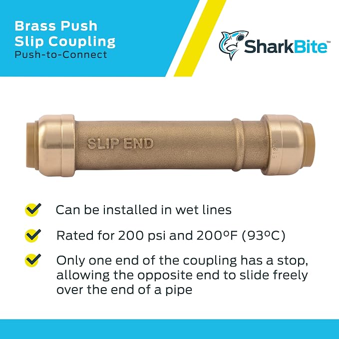 SharkBite 1/2 Inch Slip Coupling, Pack of 3, Push to Connect Brass Plumbing Fitting, PEX Pipe, Copper, CPVC, PE-RT, HDPE, U3008LF