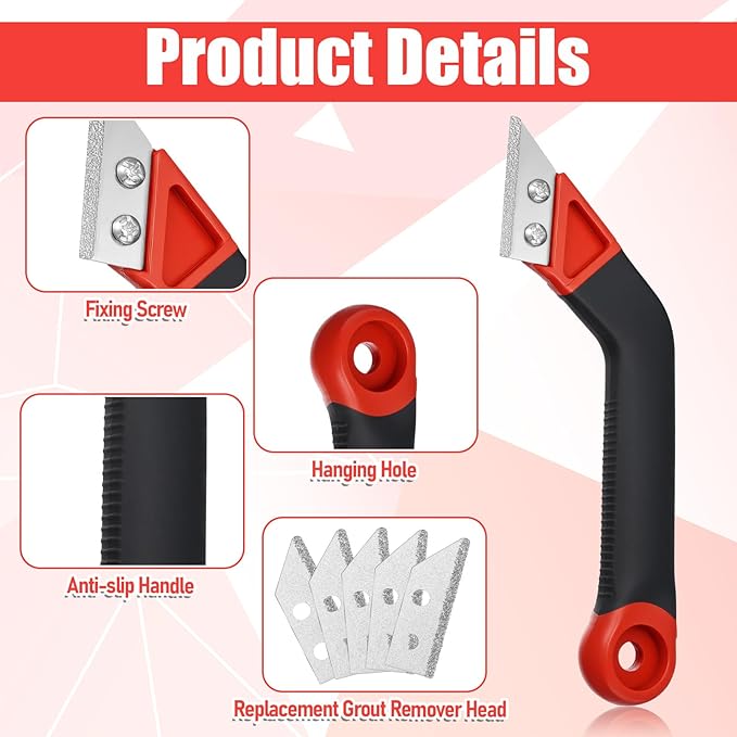 Grout Removal Tool with 5 Pcs Replacement Blades Hand Grout Scraping Rake for Tile Gap Cleaning and Repair