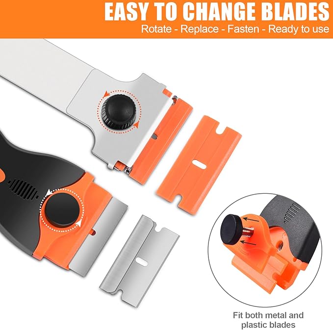 NECAMOCU 4 Pack Razor Blade Scraper, Premium Cleaning Scraper Tool with 50 PCS Metal & Plastic Razor Blades, Multi-Purpose Glass Scraper for Windows, Sticker, Decals, Cooktop, Paint Removal (Orange)