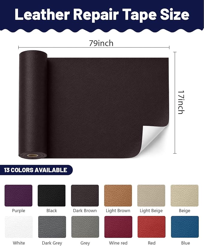 BOUYEER Leather Repair Patch Tape Kit,Self Adhesive Leather Repair for Sofa，Car Seat,Office Chair,Furniture,Jacket,Waterproof Strong Adhesive Vinyl Repair Kit. 17 in x 79 in,Coffee