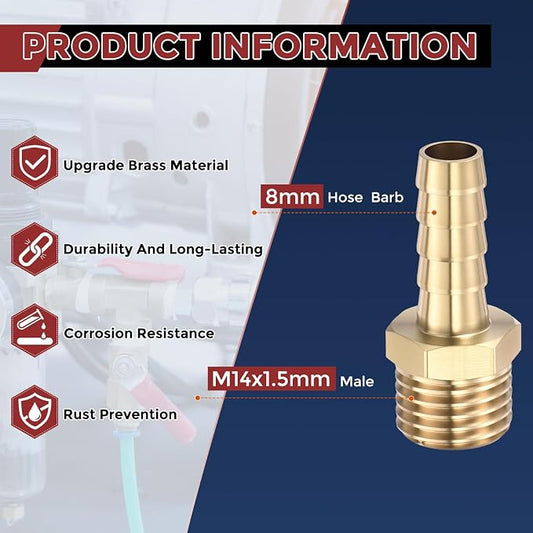 Pack of 4 Brass Hose Barb Fittings Adapter Connector 8mm Hose Barb to M14x1.5mm Male Fittings for Home Machines, Massage Bathtubs, and Irrigation Systems