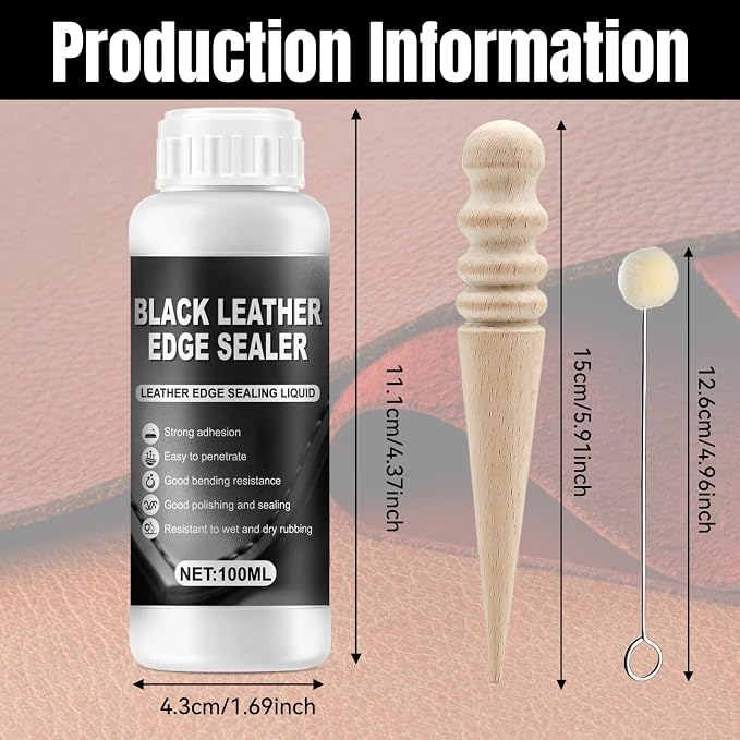 Leather Edge Sealer, Leather Burnishing Gum, Anti Fraying Black Leather Edge Paint with Burnisher & Wool Ball Brush, Get Smooth and Glossy Edge Finish for Wallets Bags Shoes Leather Products, 100ml