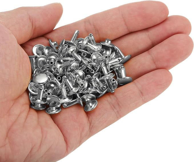 HARFINGTON 100 Sets Double Cap Leather Rivets, 9x10mm Round Cap Tubular Metal Studs Leather Crafting Rivets for Fabric Belt Pet Collar Boot Bag Repair and Decoration, Silver