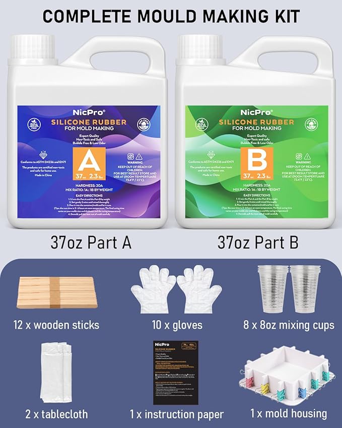 74oz Platinum Silicone Mold Making Kit with Molds Housing & Mixing Cups, 1:1 Ratio, 15A Medium Hardness, Non-Toxic Liquid Silicone Rubber for Resin, Jewelry, Craft Molds