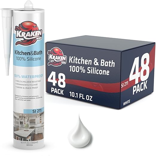 Kraken Bond Premium Kitchen and Bathroom Silicone Caulk White - (48x10.1 fl.oz) RTV White Caulking Silicone Waterproof for Kitchen, Bathroom, Shower, Sink, Anti Shrink 100% Silicone Caulking | 48 Pack