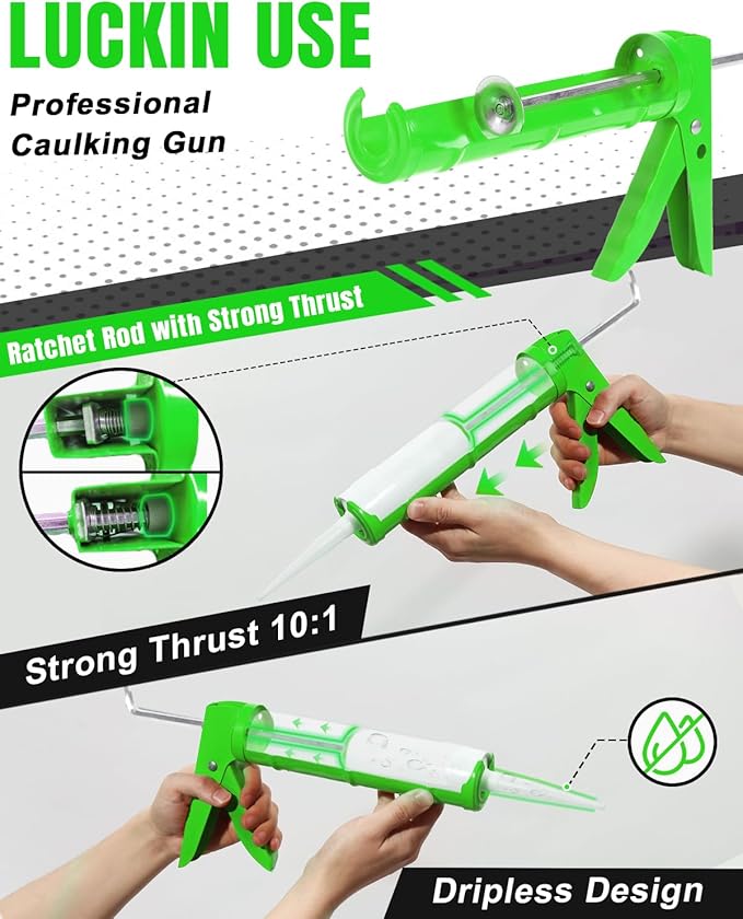 Holothurian Caulking Gun, Caulk Gun No Drip,Sealant Finishing Tool Grout Scraper for Kitchen Bathroom Window Sink Joint, 1/10 Gallon Cartridge, 10:1 Thrust Ratio, Green