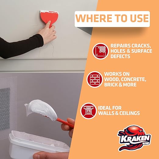 Kraken Bond Drywall Patch Repair Kit - (1x8 fl.oz.) Easy to Use Wall Patch Repair Kit for Drywall Hole & Cracks, Includes Aluminum Self-Adhesive Patch, Grit Sandpaper, Plastic Putty Knife, 1 Pack