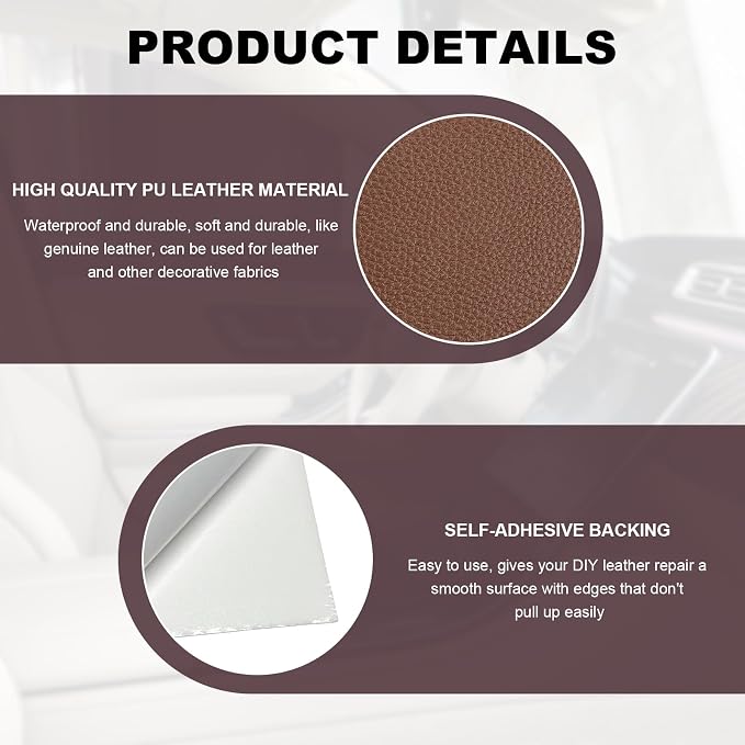 2 PCS Leather Repair Patch Tape, 4 x 8 Inch PU Vinyl Repair Patches for Car Upholstery Seat, Waterproof Self Adhesive Leather Tape Repair Kit for Furniture Couches Chairs (Light Coffee)