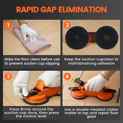 Floor Gap Fixer Tool Kit with Heavy Duty Rubber Mallet, Floor Dual Suction Cup Tool Upgrade 45° Striking Surface for Laminate, Hardwood, and Vinyl Floor (Orange)