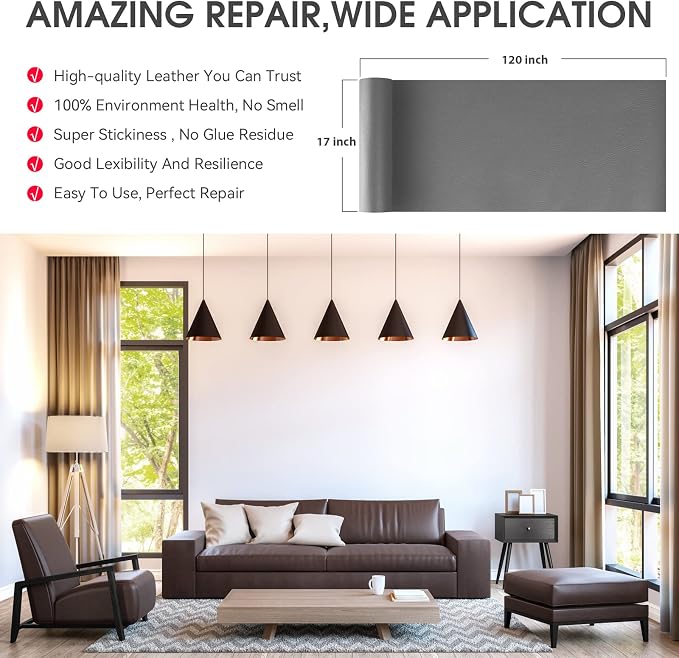 Leather Repair Patch Tape, 17x120 inch Large Self Adhesive Leather Repair,Vinyl Repair Patch Kit for Couches, Car Seats, Chairs, Furniture 17X120 inch,Grey